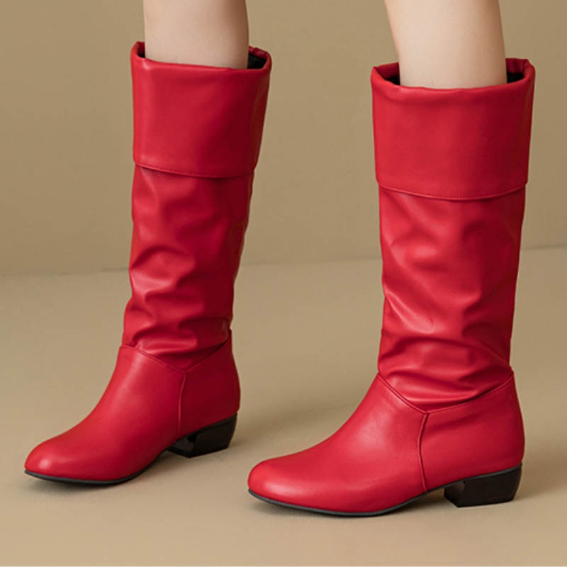 Women Shoes Waterproof - รองเท้าบูทสูงถึงเข่าแบบสวม จีบระบาย รองเท้าฤดูใบไม้ร่วง รองเท้าบูทสูงสำหรับผู้หญิง ดีไซน์หรูหรา สีดำ