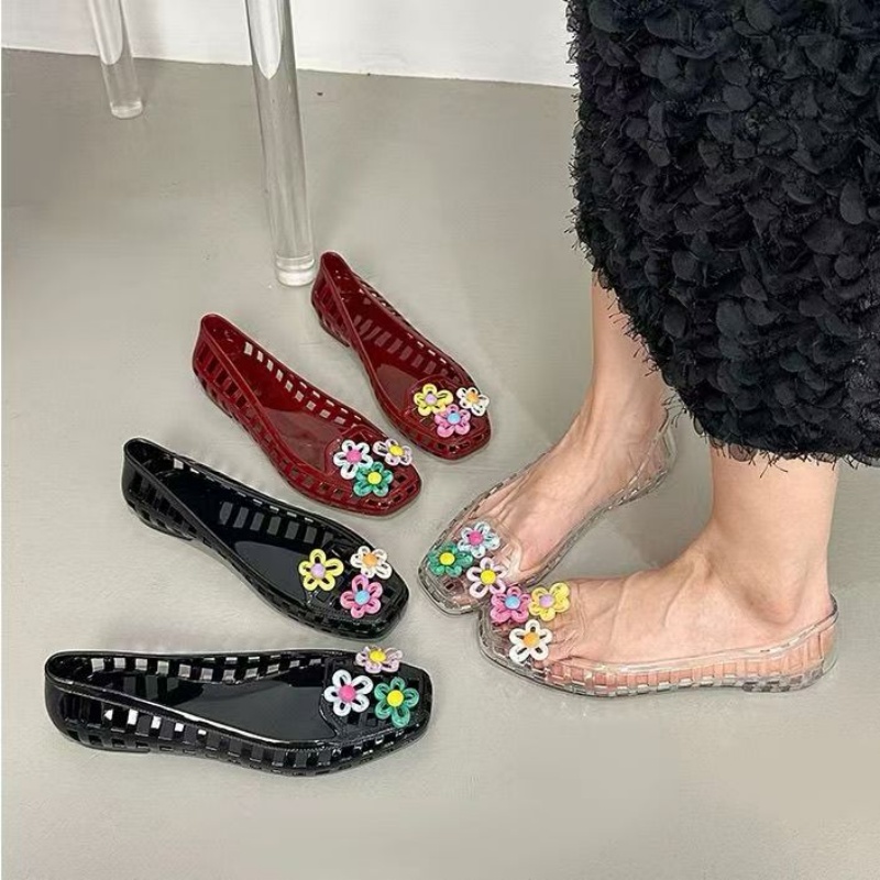 Women Shoes Model - รองเท้าเจลลี่ลายดอกไม้แฮนด์เมดสุดน่ารักสไตล์โดพามีน พร้อมหัวเข็มขัดตกแต่งรองเท้า DIY อุปกรณ์เสริมรองเท้า เครื่องประดับรองเท้า รองเท้าบัลเล่ต์