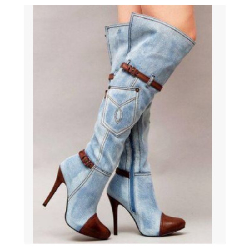 Knee High Boots Women - Botas Over The Knee รองเท้าส้นสูงผู้หญิง, ยีนส์รองเท้าบูทฤดูใบไม้ร่วงสูงถึงเข่ารองเท้าสตรีแพลตฟอร์มสายรัดเซ็กซี่บูทยาวถึงต้นขา