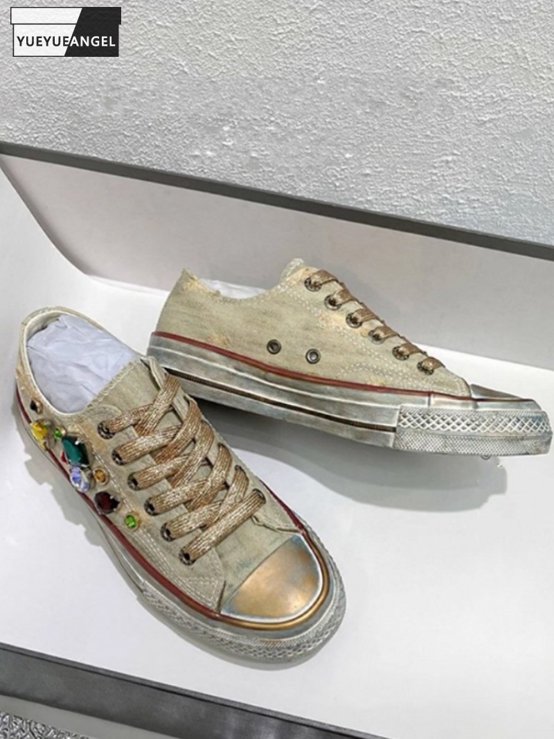 Women Shoes Joggers - ผู้หญิงวินเทจ Low Cut Lace Up ผ้าใบรองเท้าเพชรสีสัน