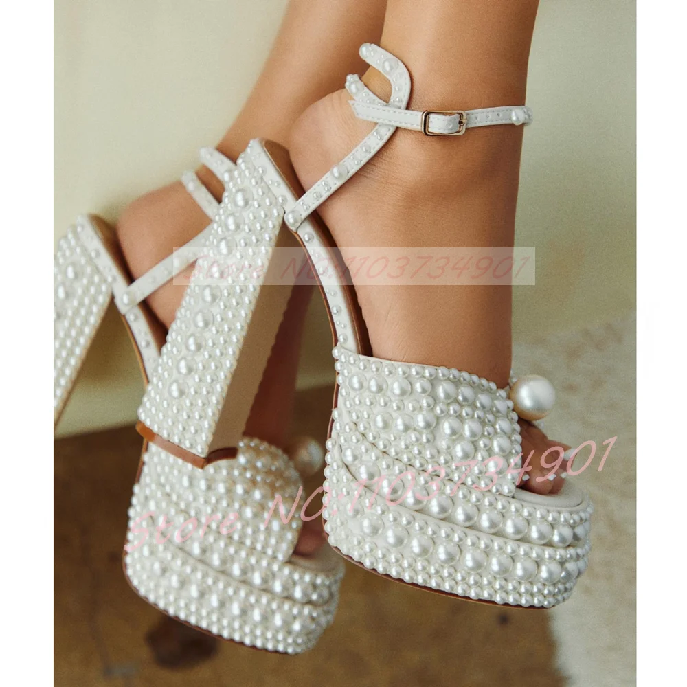 Block Heel Ankle Boots - รองเท้าส้นตึกแบบเปิดนิ้วเท้าประดับโบว์ สีขาวมุก สำหรับผู้หญิง พร้อมสายรัดข้อเท้าแบบหัวเข็มขัด สไตล์หรูหรา โลลิต้า