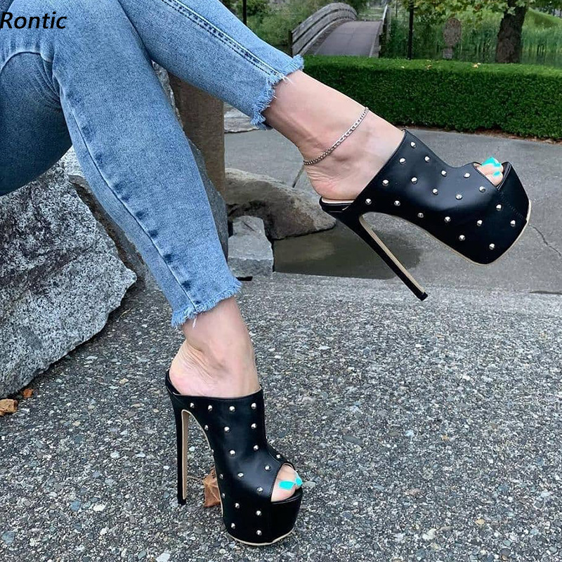 Women Shoes Waterproof - Rontic 2021 Handmadeผู้หญิงMulesรองเท้าแตะกันน้ําStilettoรองเท้าส้นสูงPeep Toe Superเซ็กซี่สีดําคอสเพลย์Unisexรองเท้าUSขนาด 5-20