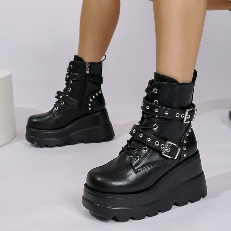 Block Heel Ankle Boots - รองเท้าบูทหนังข้อเท้าผู้หญิง รุ่นใหม่ประจำปี 2026 สำหรับฤดูใบไม้ร่วงและฤดูหนาว หัวมน ผูกเชือก