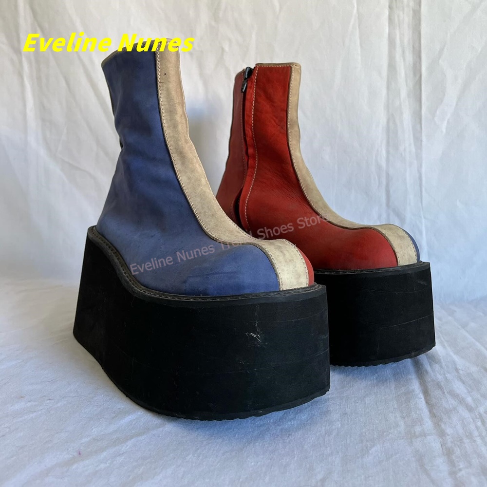Block Heel Ankle Boots - Y2K สีแดงสีน้ำเงินรองเท้าบูทหุ้มข้อทรงกลมซิปด้านข้างสีบล็อกโกธิคเรโทรสตรีทแวร์แฟชั่นรองเท้าลำลองเทรนด์ปี 2026