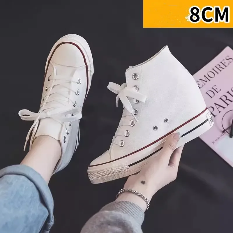 Block Heel Ankle Boots - รองเท้าผ้าใบพื้นหนา 8 ซม. สำหรับผู้หญิง รองเท้าส้นสูงแบบซ่อน สไตล์ลำลอง
