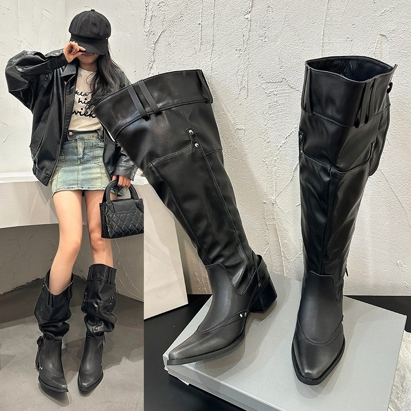 Block Heel Ankle Boots - ห่อรองเท้าเดี่ยวสําหรับสตรีฤดูใบไม้ผลิฤดูร้อน Pointed Toe Studded หัวเข็มขัดโลหะซิปด้านข้างไม่มีเข่าส้นรองเท้า