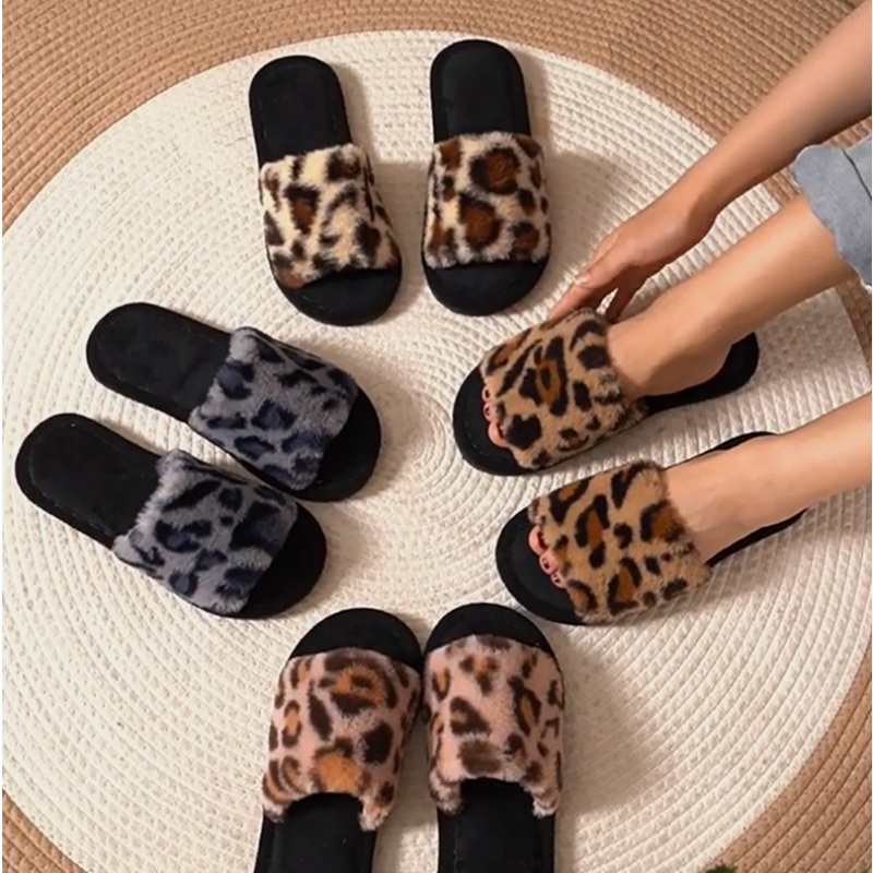 Fluffy Fur Slipper - รองเท้าแตะขนเฟอร์ลายเสือดาวสำหรับฤดูหนาวปี 2025 นุ่ม อุ่น น้ำหนักเบา ส้นแบน