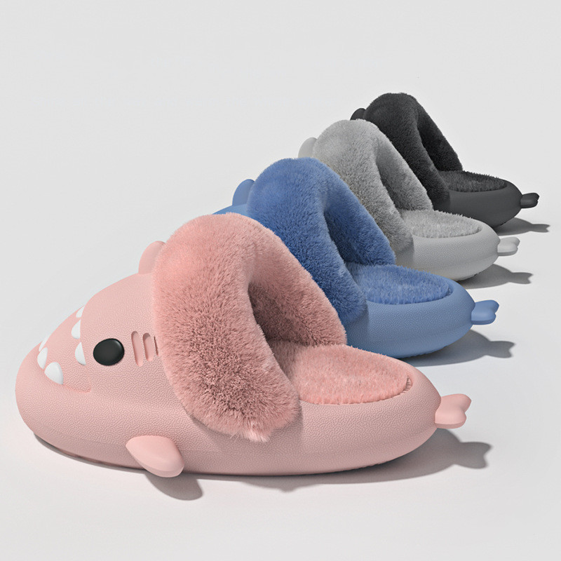 Fluffy Fur Slipper - รองเท้าแตะลายการ์ตูนฉลามน่ารักสำหรับผู้หญิง รองเท้าผ้าพลัฌนุ่มกันน้ำสำหรับฤดูหนาวสำหรับผู้ชาย รองเท้าแบบสวมสำหรับคู่รัก รองเท้าแตะแบบถอดได้ อุ่นสบาย