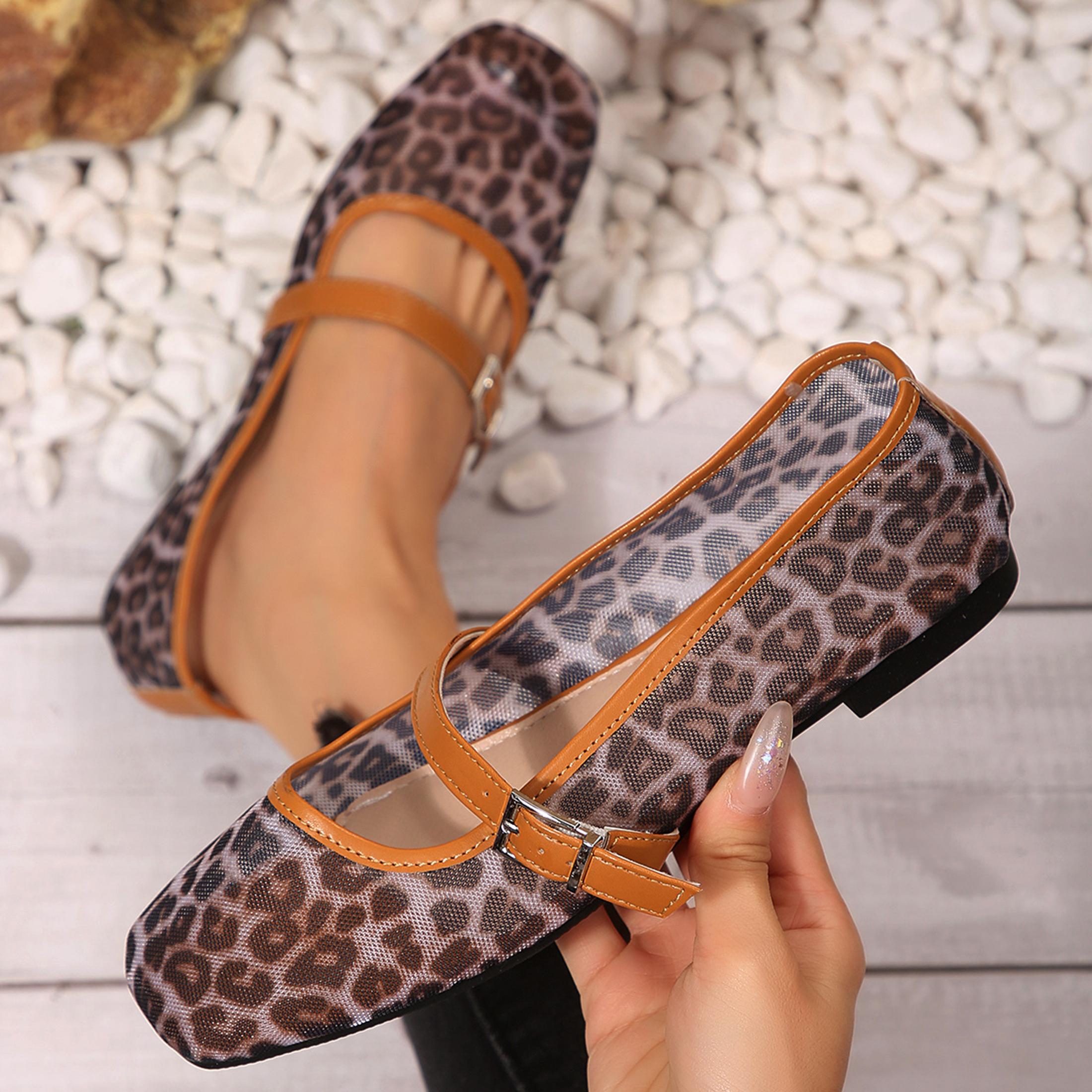 Shoes For Women Flats - รองเท้าส้นเตี้ยตาข่ายลายเสือดาวสำหรับผู้หญิง สายรัดหัวเข็มขัด ระบายอากาศได้ดี รองเท้าลำลองสำหรับฤดูร้อน สปริงเฟรช