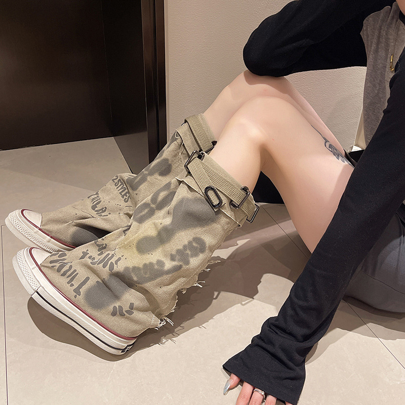 Knee High Boots Women - Graffiti รองเท้าผ้าใบคุณภาพสูงรองเท้าสตรีรองเท้ากว้าง Barrel กลาง Barrel รองเท้า