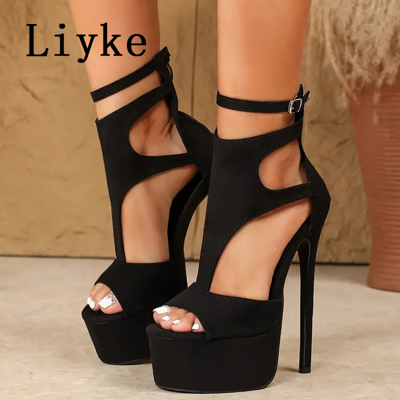 Women Shoes Model - รองเท้าส้นสูงแบบแพลตฟอร์ม รุ่น Liyke สำหรับผู้หญิง ดีไซน์เซ็กซี่ สายรัดแบบซิปและหัวเข็มขัด
