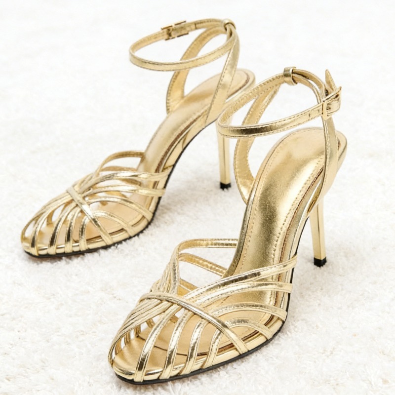 Women Shoes Model - รองเท้าส้นสูงแบบรัดข้อเท้าสีทองเซ็กซี่ ดีไซน์หรูหรา สายรัดข้อเท้าแบบหัวเข็มขัด ส้นบาง รองเท้าแฟชั่นสำหรับผู้หญิง เหมาะสำหรับงานเลี้ยงอาหารค่ำ