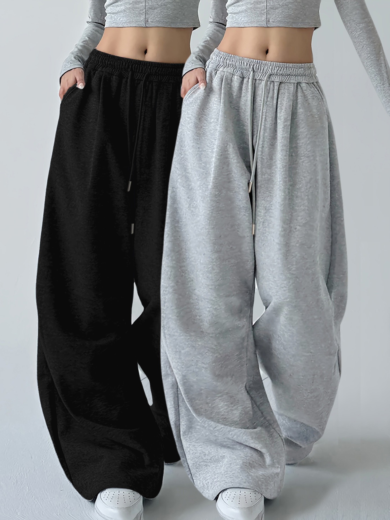 Women Shoes Joggers - กางเกงวอร์มขากว้างสไตล์ฮาราจูกุ Y2K สำหรับผู้หญิง สตรีทแวร์ทรงหลวมโอเวอร์ไซส์ สีเทา กางเกงกีฬาเอวสูง