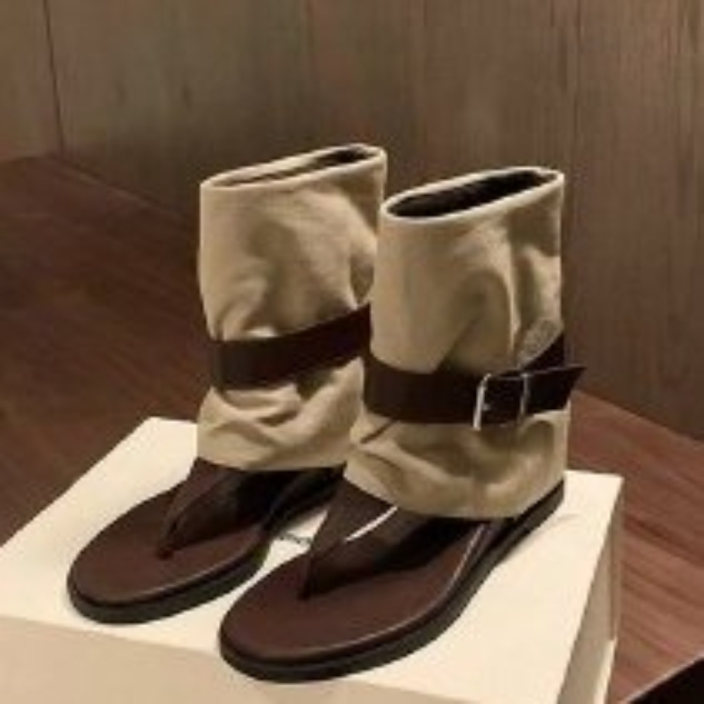 Block Heel Ankle Boots - รองเท้าแตะแบบมีห่วงรัดนิ้วเท้าสีวินเทจสำหรับผู้หญิง, รองเท้าบูทแบบโรมันหนังกลับพับได้พร้อมหัวเข็มขัด, รองเท้ากลาดิเอเตอร์ส้นแบนสำหรับผู้หญิง