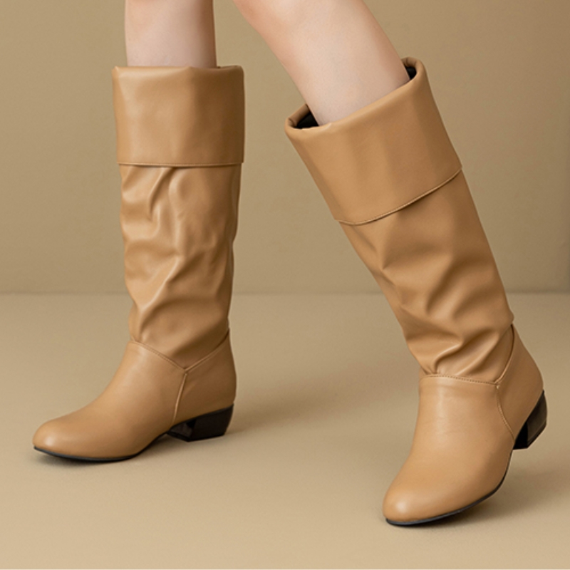รองเท้าบูทสูงถึงเข่าแบบสวม จีบ - Women Shoes Waterproof บทวิจารณ์และราคา