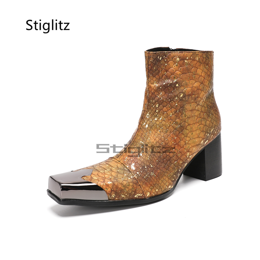 รองเท้าบูทข้อสั้นลายหนังงูสีน้ - Block Heel Ankle Boots บทวิจารณ์และราคา