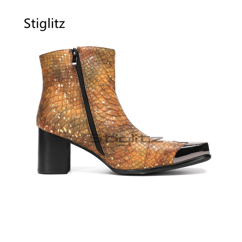 รองเท้าบูทข้อสั้นลายหนังงูสีน้ - Block Heel Ankle Boots บทวิจารณ์และราคา