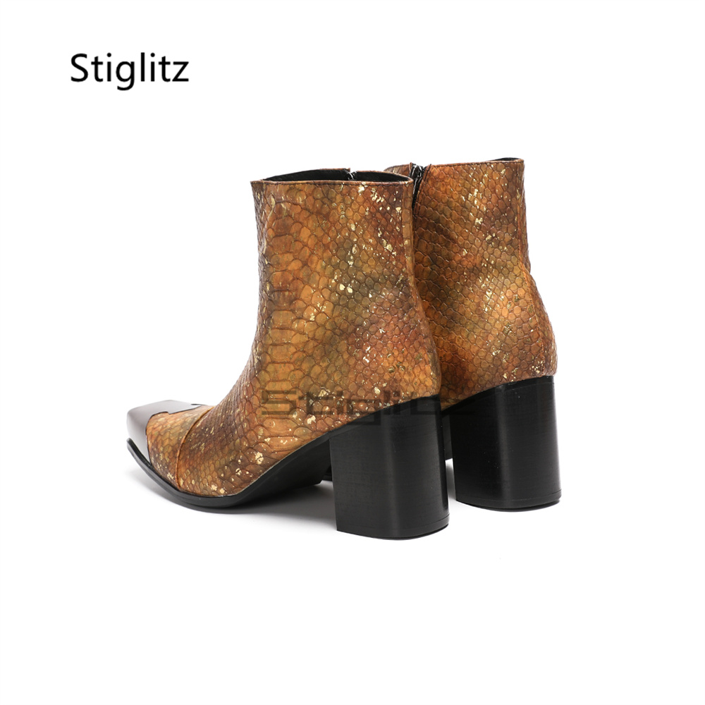 รองเท้าบูทข้อสั้นลายหนังงูสีน้ - Block Heel Ankle Boots บทวิจารณ์และราคา