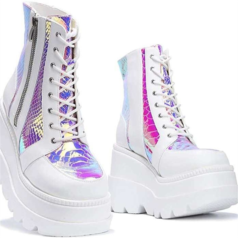 รองเท้าบูทข้อเท้าสีชมพูโฮโลแกร - Block Heel Ankle Boots บทวิจารณ์และราคา