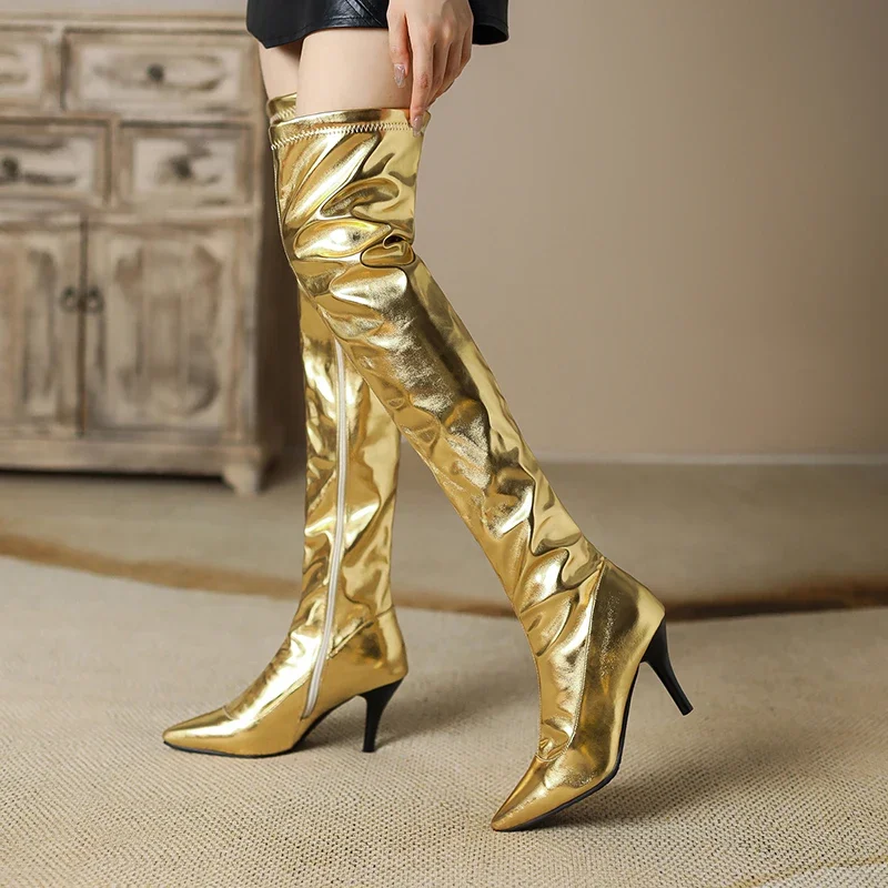 ผู้หญิงต้นขาสูงรองเท้า Silver  - Block Heel Ankle Boots บทวิจารณ์และราคา