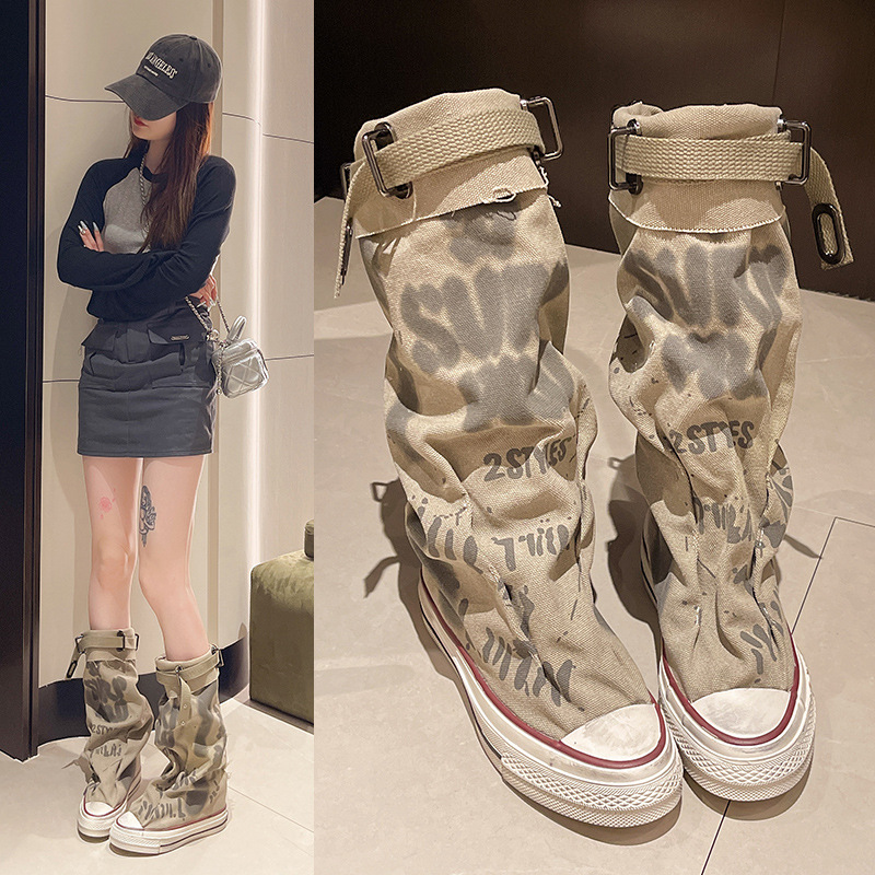 Graffiti รองเท้าผ้าใบคุณภาพสูง - Knee High Boots Women บทวิจารณ์และราคา