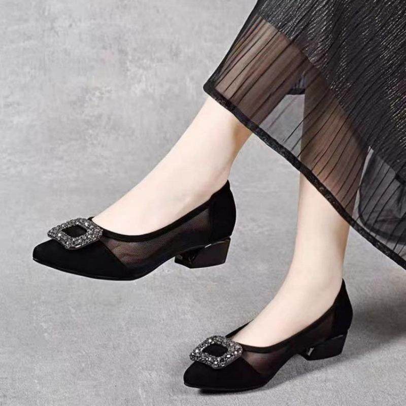 รองเท้าส้นบล็อกหัวแหลมแบบตาข่า - Women Shoes Heels บทวิจารณ์และราคา